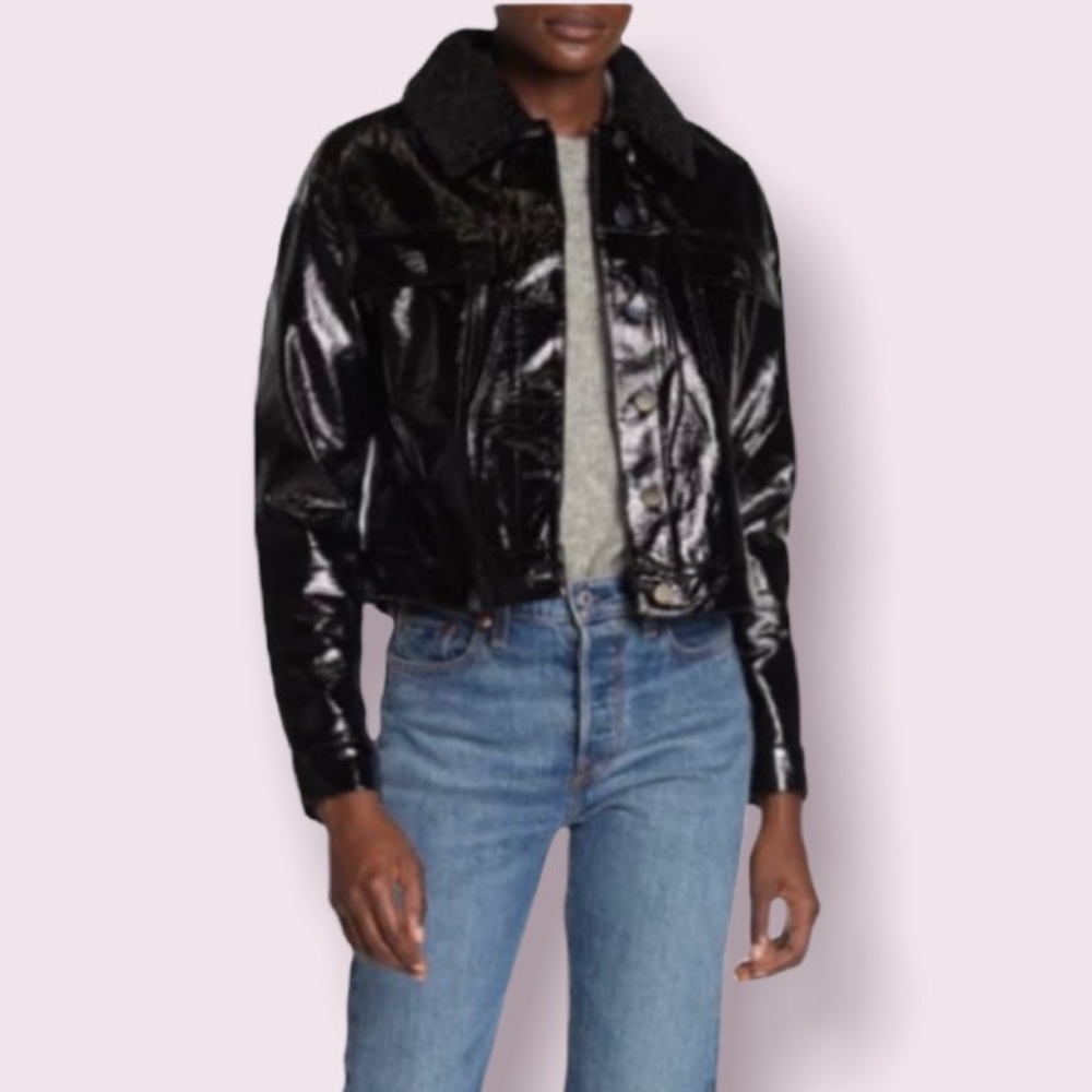 Dolce Cabo Faux Shearling Collared Tonal Snake Faux Leather Jacket in Black